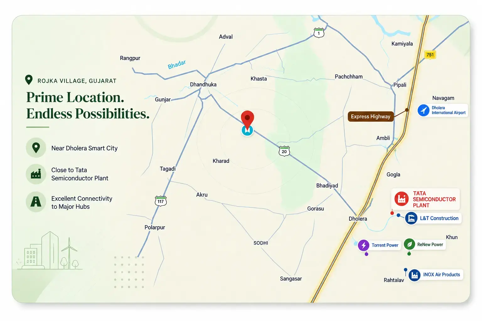 Visual context of the Rojka Village property location near Dholera Smart City